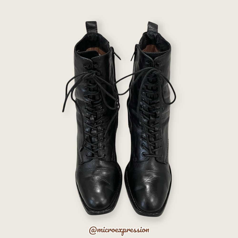 $399 Frye Pia Black Leather Combat Lace Up Moto Goth Block Heel Ankle Bootie - Picture 7 of 15